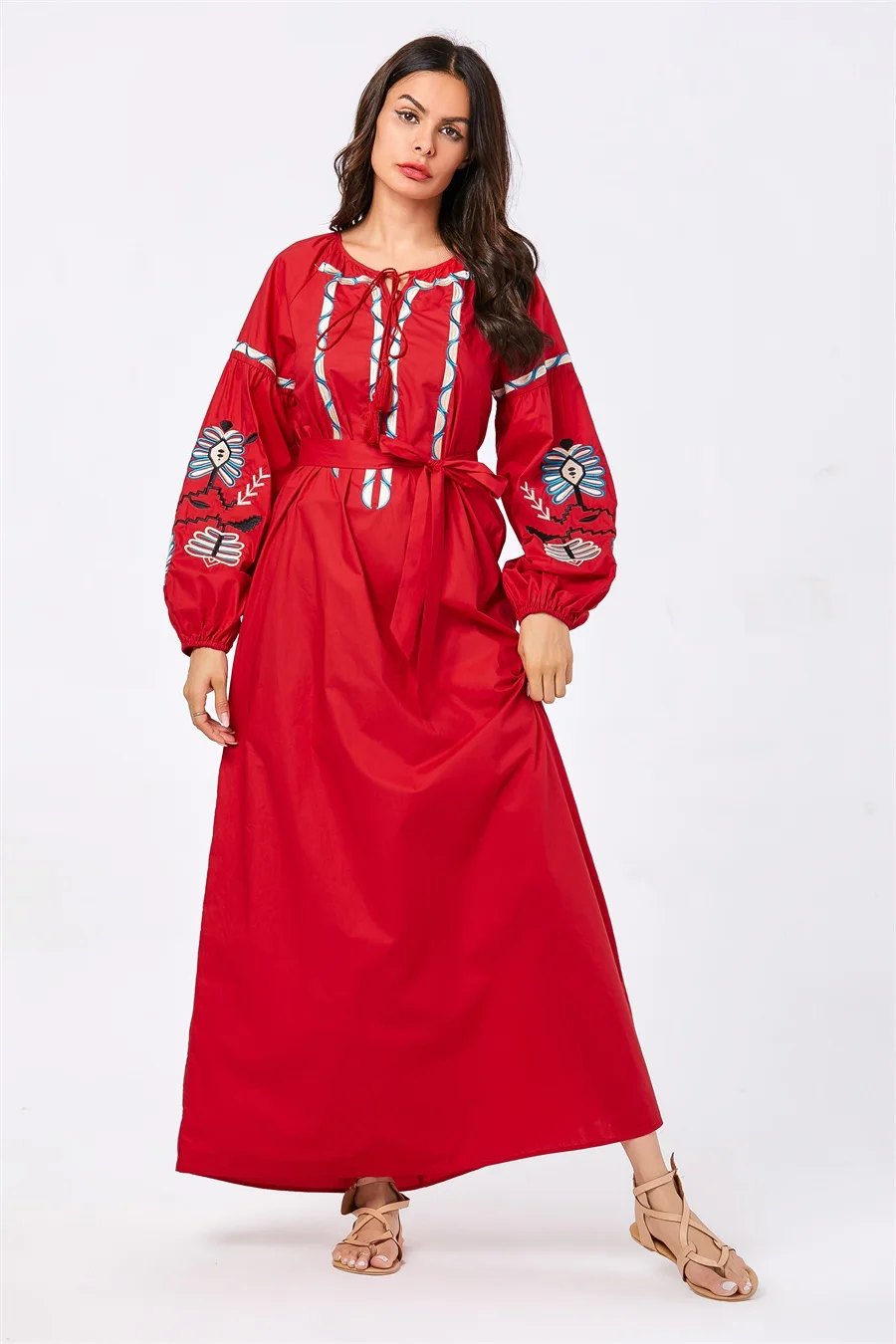 Siskakia Макси платье с длинным рукавом цвета хаки Геометрическая Цветочная вышивка размера плюс платья для женщин осень кисточка шнурок