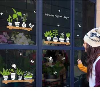 

Plant Potted Shop Glass Door Cafe Decoration Wall Stickers Creative Comfortable Warmth Quality Fashion Elegant