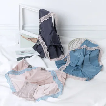 

2 pcs Quick-drying light breathable panties super-elastic ice pants for women sexy lace graphene antibacterial crotch hip briefs