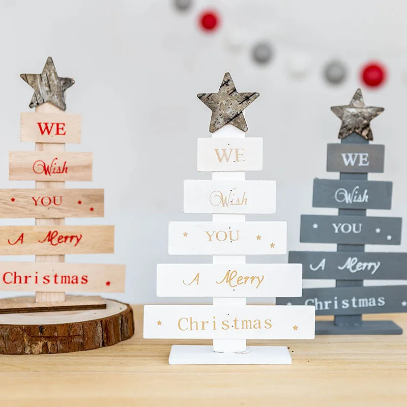 

New Year Wooden Mini Christmas Tree Desktop Ornaments Merry Christmas Party Decor Noel Natale Natal Kerst Navidad Home Decor