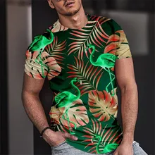 Tendencia de verano de los hombres de cuello de manga corta Camiseta 3D planta Digital flor y estampado de aves camiseta de gran tamaño de los hombres de manga corta