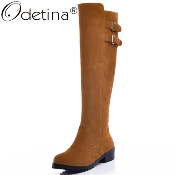 

Odetina New Women Chunky Low Heel Comfort Riding Boots Round Toe Vintage Autumn Faux Sude Buckle Strap Platform Knee High Boots