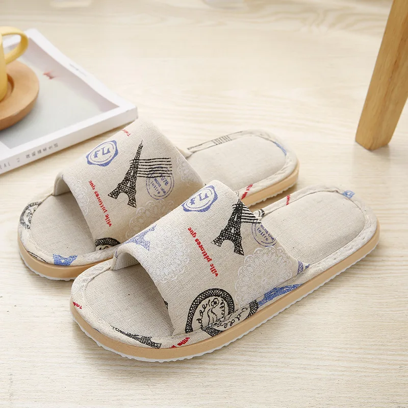 Autumn Winter Women's Home Slippers Couple Linen Floor Shoes Leisure Spring Soft Non-Slip Foam Bottom Flip Flops Rose 2