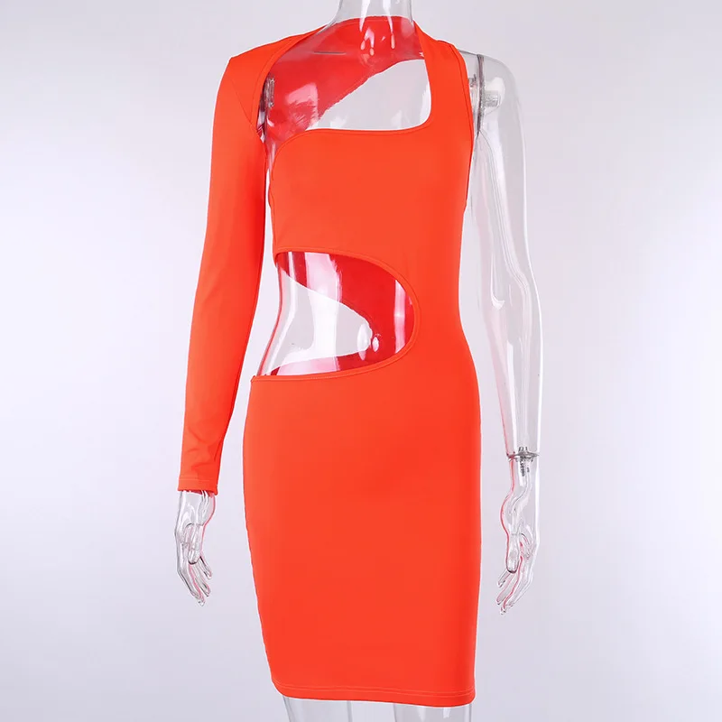 Криптографическое сексуальное неоновое платье для женщин, открытые платья бодикон на одно плечо, осень, модное дамское вечернее платье для клуба - Цвет: orange