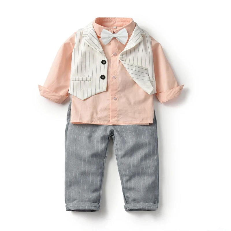 Kids Clothes Toddler Infant Baby Boys Fall Outfit Pinstripe Vest+Bow+Shirt+Pants Spring&Autumn Children Clothes Set - Цвет: 4 pieces