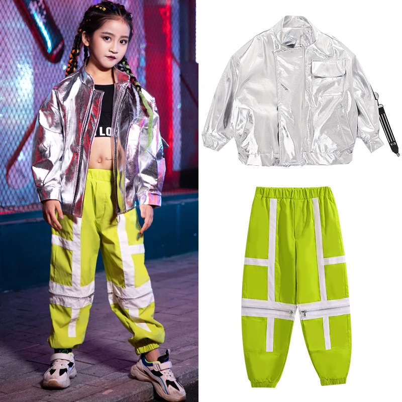 Костюм джазовый детский серебристый в стиле хип хоп с кожаным верхом одежда для