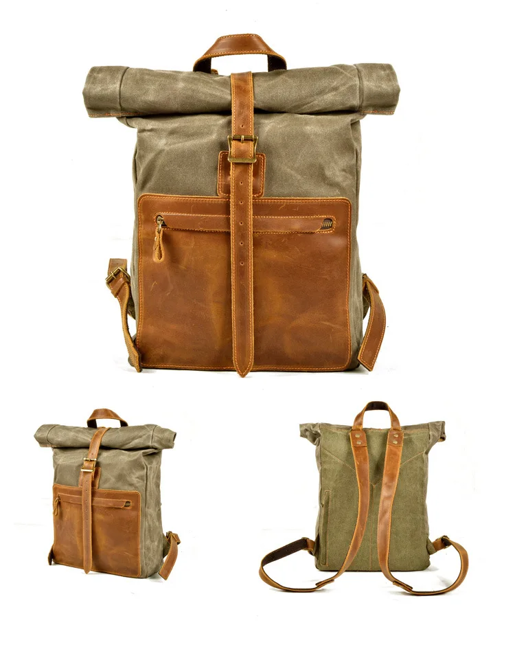 FARBANZEIGE ARMY GREEN von Woosir Retro-Rucksack aus gewachstem Canvas aus lässigem Leder