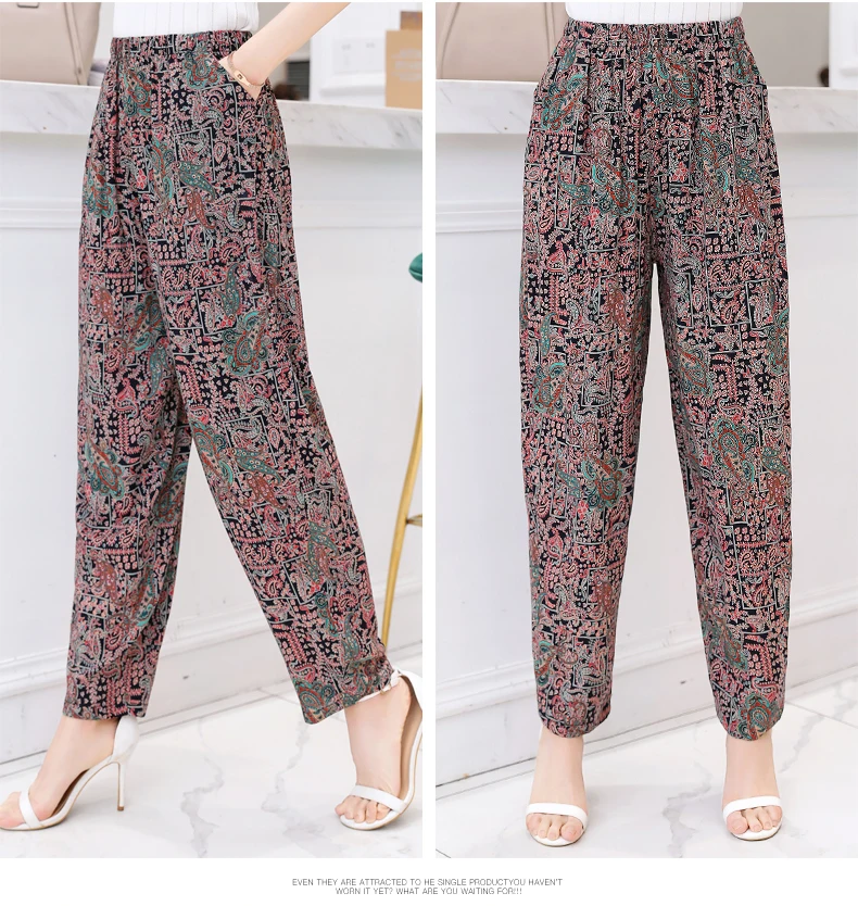 Новые летние брюки женские винтажные с резинкой в талии с принтом Цветочные Элегантные брюки женские повседневные широкие брюки плюс размер XL-5XL LJ665