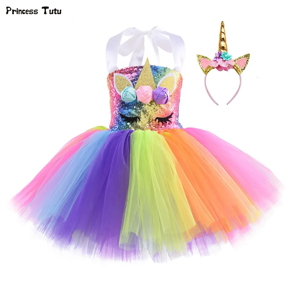Радужное платье-пачка с блестками и единорогом для девочек; комплект одежды для дня рождения; Детский карнавальный костюм на Хэллоуин; костюм единорога