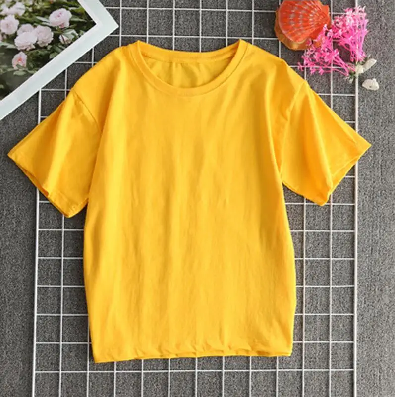 Цвет: желтый Летние хлопковые белые модные топы с круглым вырезом, женские красные повседневные футболки с коротким рукавом, черные свободные короткие топы, футболки для женщин - Цвет: Цвет: желтый