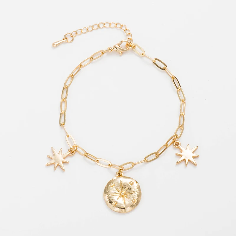 

Wild & Free Gold Link Chain Bracelets For Women Vintage Metallic Punk Twist Chain Star Cross Round Pendant Charming Bracelets
