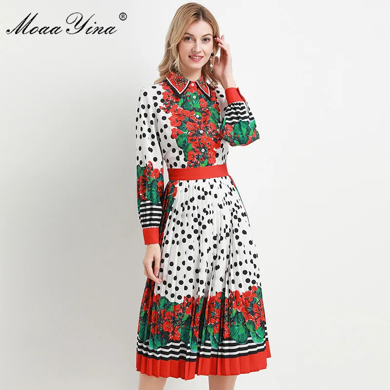 MoaaYina, модное дизайнерское платье, весна-осень, женское платье с длинным рукавом, с бисером, в горошек, с цветочным принтом, плиссированные платья