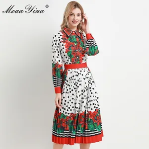 Image 1 - MoaaYina ファッションデザイナードレス春秋の女性のドレス長袖ビーズドット花柄プリーツドレス