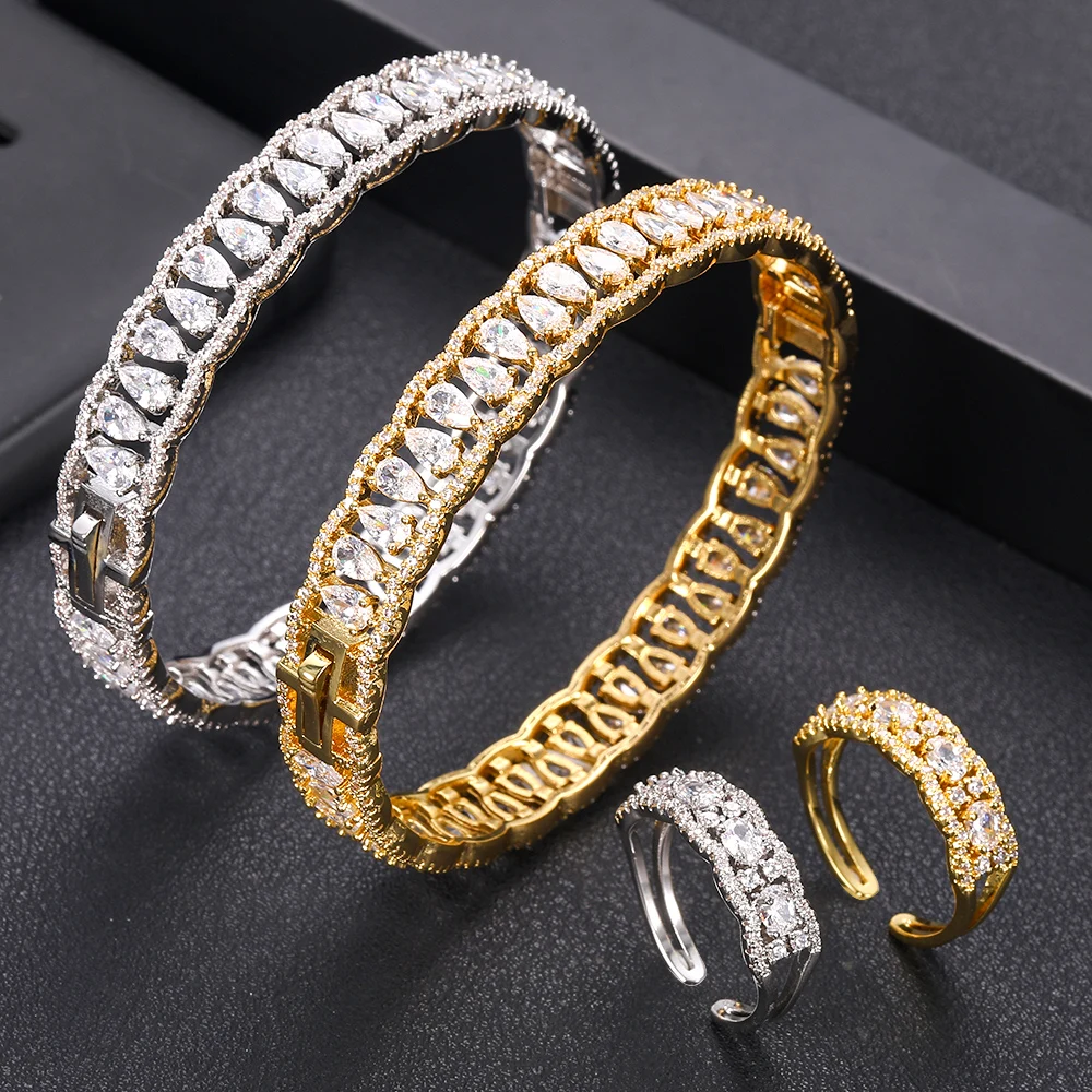

Accking luxury open design cubic zircon bangle and ring jewelry set copper for women gift Jewelry wholesale