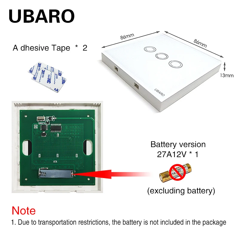 UBARO EU/UK 433Mhz Wireless Control Touch Switch Black Luxury Crystal Glass Panel Wall Light RF Remote Sensor Button Ac100-240V