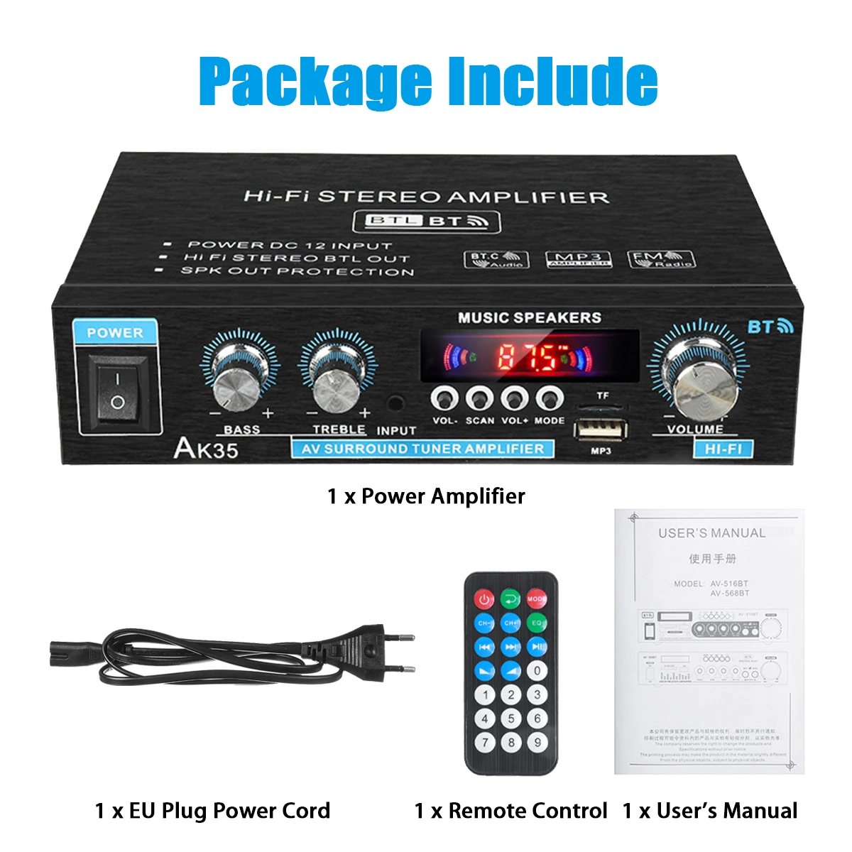 800W 2-Channel Bluetooth Mini HiFi Stereo Amplifier - FM Radio, USB-C, Home/Car Audio 2 thumbnail image