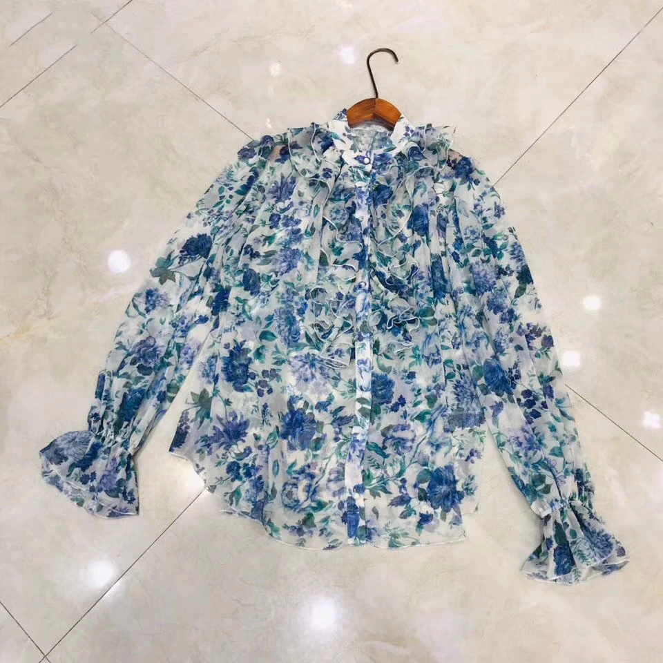 

High Quality Silk blend Blouse 2019 Runway Fashion Print Women Top