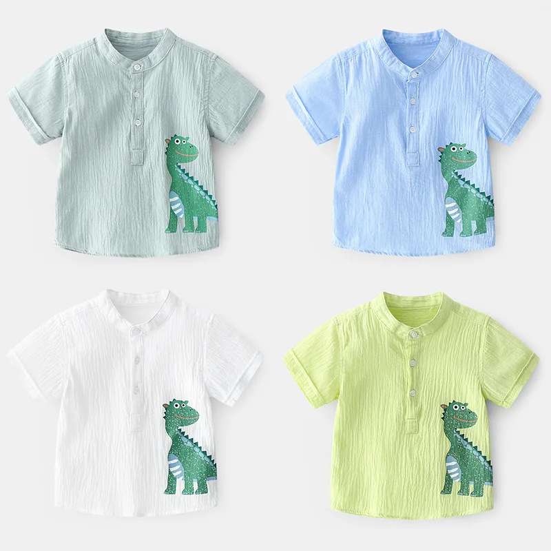 

2-9Y Jchao Kids Clothes 2020 Summer Fashion Cotton Cartoon dinosaur Print Short Sleeve Mandarin Collar Boys Shirt girls blouse