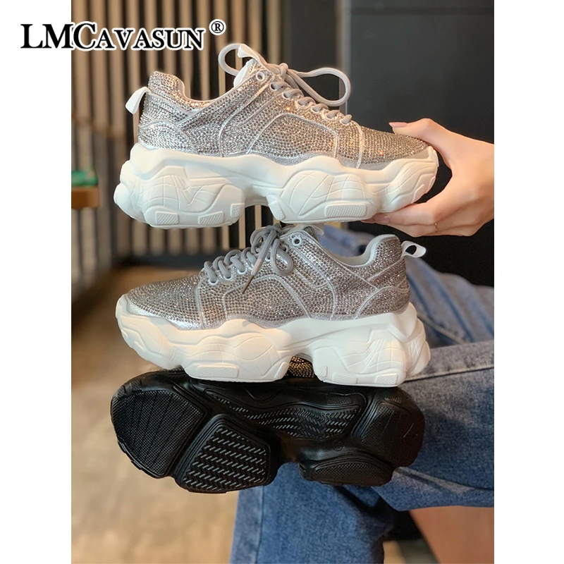 

LMCAVASUN Rhinestone latform Sneakers women shoes leather round head thick bottom casual shoes zapatillas chunky mujer plataform