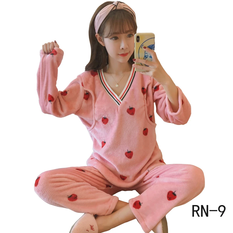 Winter Women Pajamas Sets Printed Loose Maternity Clothing Warm Pregnant Pyjamas Sets Casual Nursing Sleepwear Suit