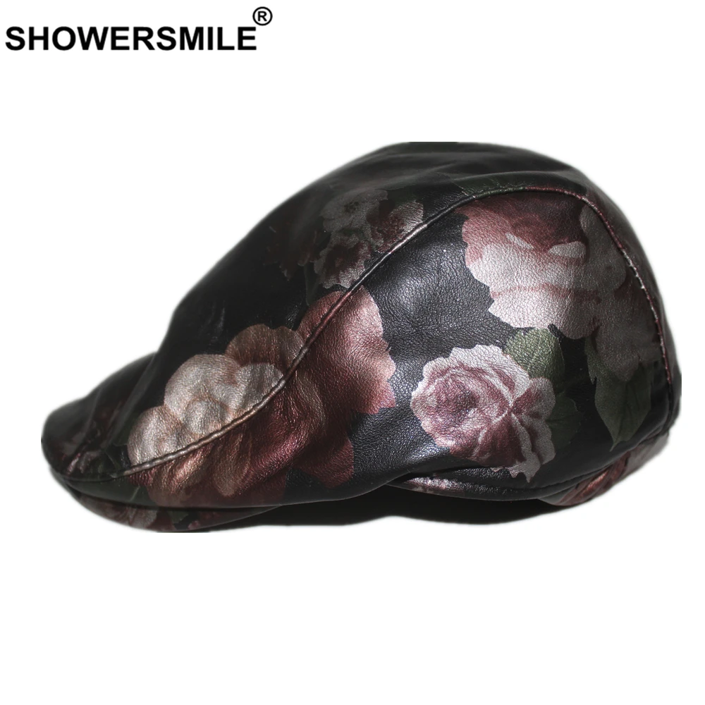 SHOWERSMILE British Style Flat Cap Women Blue Real Sheepskin Leather Female Flower Retro Cap Beret Autumn Winter Duckbill Hat
