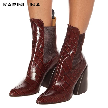

Karinluna Dropship 2021 New Brand shoes women Chelsea Boots Pointed Toe Chunky Heels Slip-On Mid-claf Boots