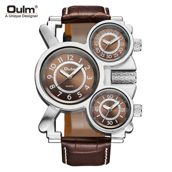 

OULM Oversize Creatived Quartz Watch Men 3 Time Display Leather Strap Unique Mens Watches Top Brand Luxury Sports Casual Clock