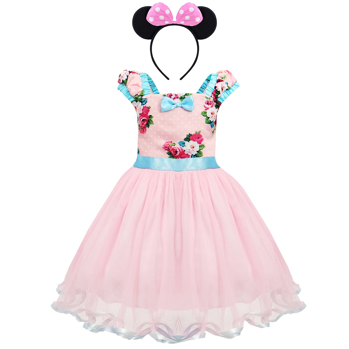 Милое Платье с Минни Маус комплект одежды из 2 предметов для маленьких девочек, костюм в горошек для дня рождения, повязка на голову с ушками мышки фатиновое платье для девочек - Цвет: Q
