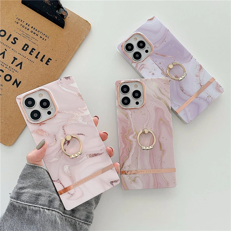 Square Plating Marble Ring Holder Phone Case For iPhone 13 Pro Max 12 11 Pro Max 11Pro Soft IMD Shockproof Bumper Back Cover iphone 12 pro max leather case