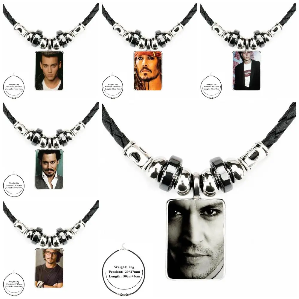 EJ Glaze For Women Kids Gift Jewelry Black Leather Bead Pendant Glass Cabochon Choker Necklace Actor Johnny Depp | Украшения и