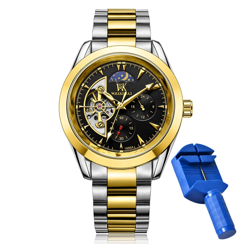 Automatic Mechanical Watches for Men Fashion Tourbillon Moon Phase Luminous Hands Stainless Steel Wristband Male Clock Gift 795 