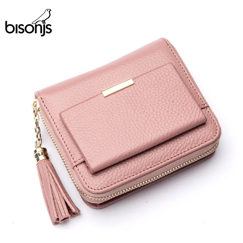 BISON DENIM 100 Leather font b Women s b font Purse Zipper Coin Pocket Wallet Card