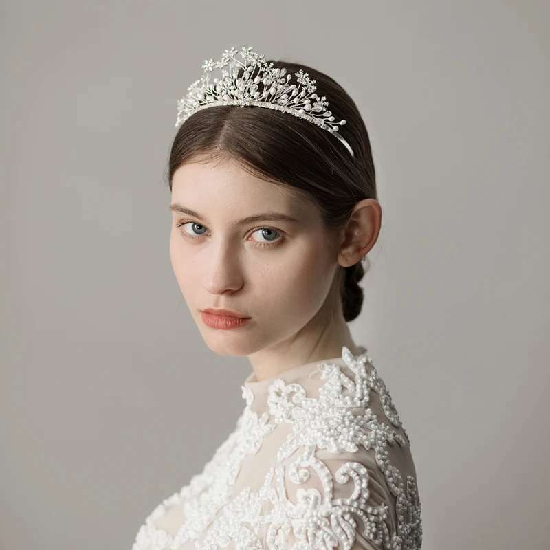 O397 Snowflake handmade bridal wedding tiara headband faux pearl mini rhinestone crystal tiara crown