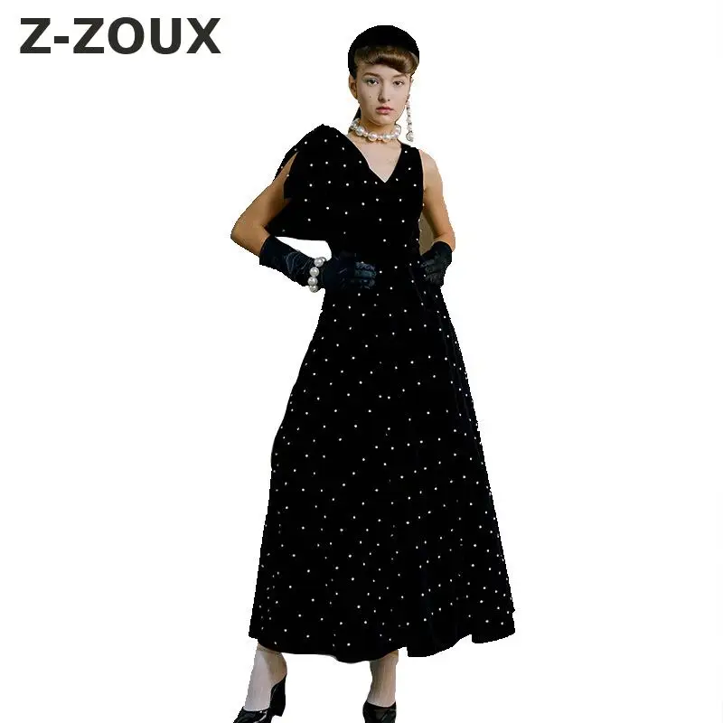 Z-ZOUX, женское платье, бриллианты, бант, пэтчворк, без рукавов, велюровые платья, черные, красные, винтажные, сексуальные, размера плюс, длинные, осенние платья