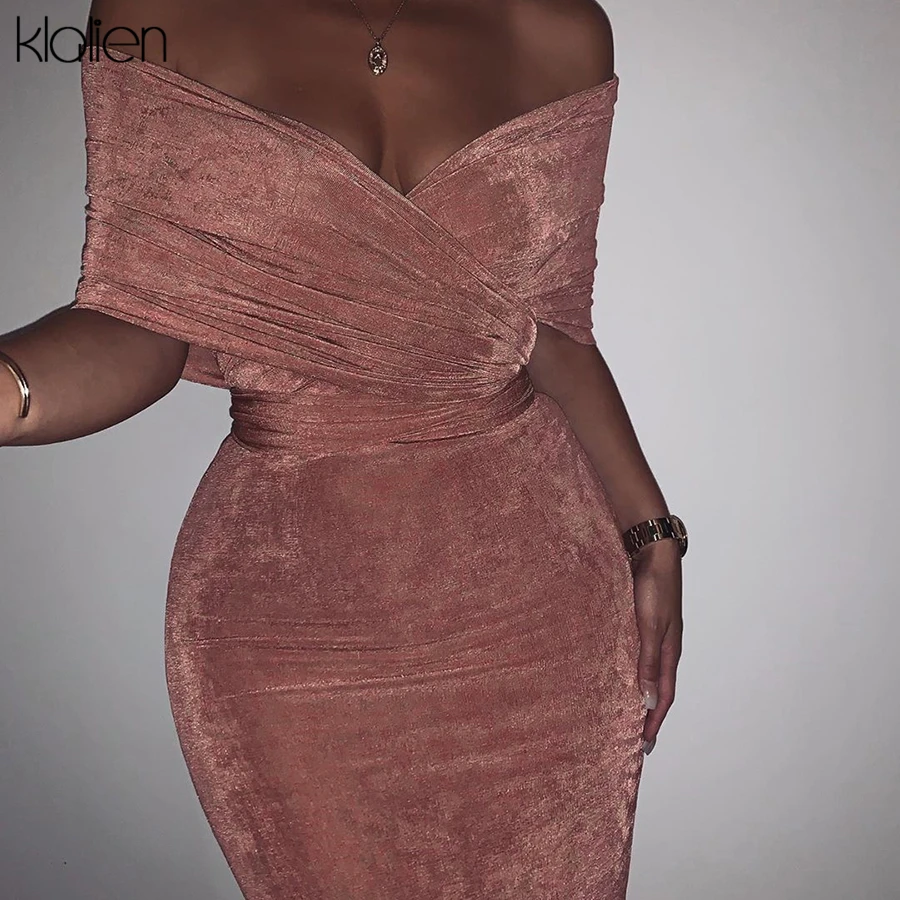 KLALIEN Autumn Elegant stretch Slim off shoulder midi Dress women fall winter Sexy club Party night Strapless bodycon Dress