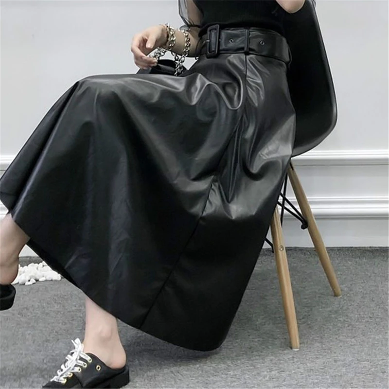 high waisted black overall skirt leather