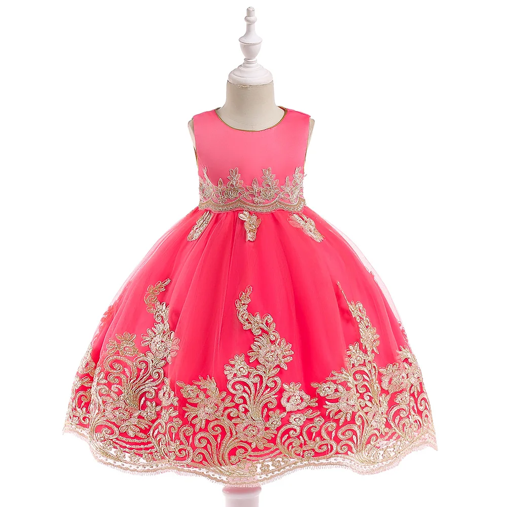 

Retail Appliques Princess Girls Birthday Evening Party Gown Dress Noble Elegant Gold Line Girls Wedding Dress With Sashes