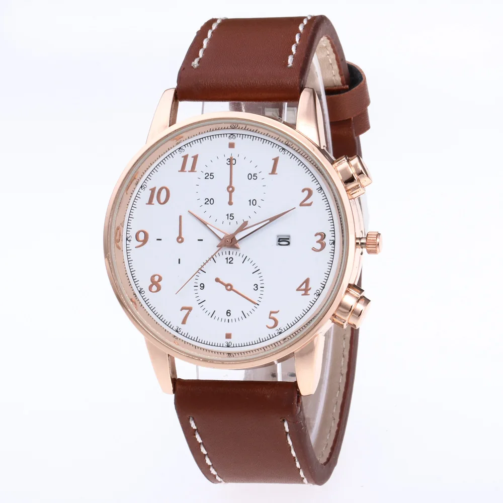 

Grey London Rose Gold Shell False Two Eyes with Numbers Stitching Leather Calendar MEN'S Watch Waterproof Brand Men's Watch