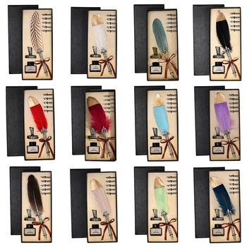 

Vintage Calligraphy Feather Dip Pen Fashion Pen Handle 2/5 Nibs Writing Ink Set Quill Fountain Pen Writing Set Gifts for Childs