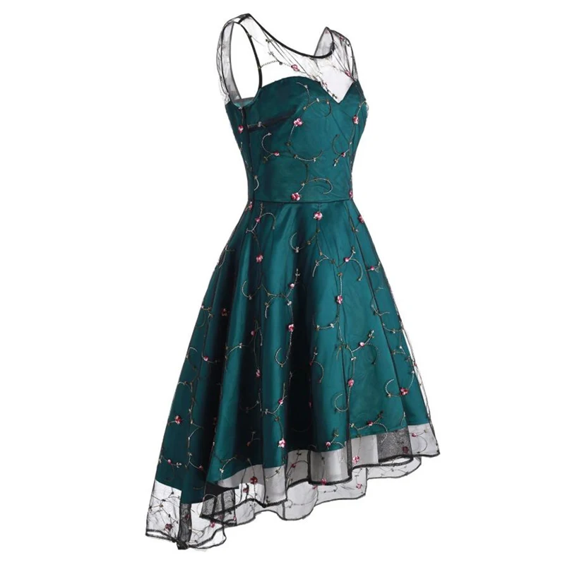 С цветочной вышивкой вечерние платья синие зеленые женские кружевные повязки Высокая Низкая линия женские платья Элегантное Ретро винтажное платье