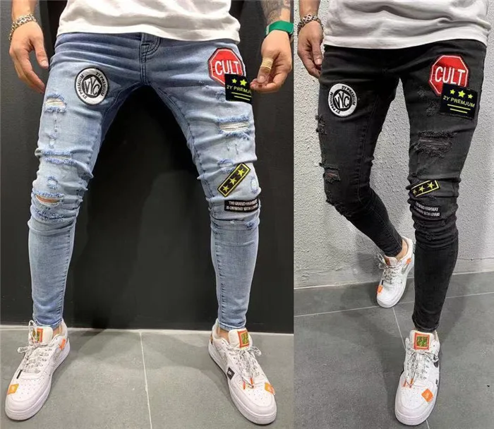 

Men's Embroidery Label Skinny Jeans Hommes Ripped Pantalones Hombre Pantalones Hombre Jeans Para Denim Pencil Pants Man Jeansy