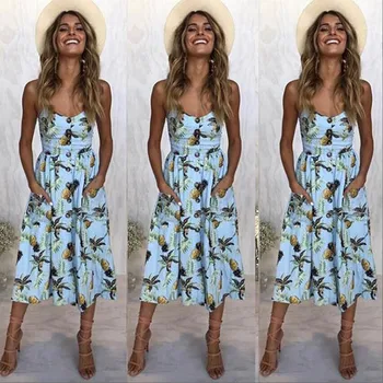 

Sexy Party Boho Sundress Women Summer Dress 2019 Female Casual Backless Midi Dress Button Polka Dot Striped Floral elegant Dress