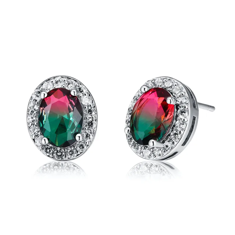 RongXing 925 заполненные серебром радужные циркониевые серьги-гвоздики для женщин, свадебные ювелирные изделия, модные разноцветные Кристальные серьги с овальным камнем