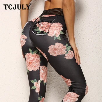 

TCJULY New Flowers Printed Workout Leggings With Pockets Lace Waist Push Up Ankle Length Pants Quick Dry Women's Fitness Leggins