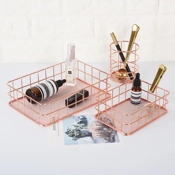

Rose Gold Iron Art Makeup Organizer Basket Eyeliner Brush Set Storage Cup Dressing Table Makeup Cosmetic Organizer Box