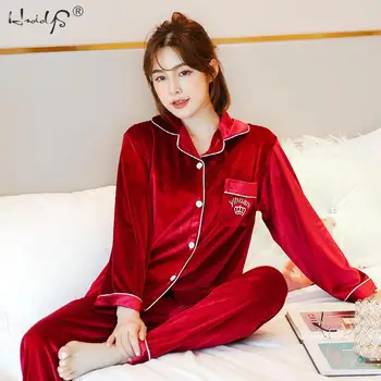 

Pajamas Women Autumn And Winter Gold Velvet Long-Sleeved Two-Piece Cardigan Ladies Sexy Pyjamas Home Service Suit Pijamas