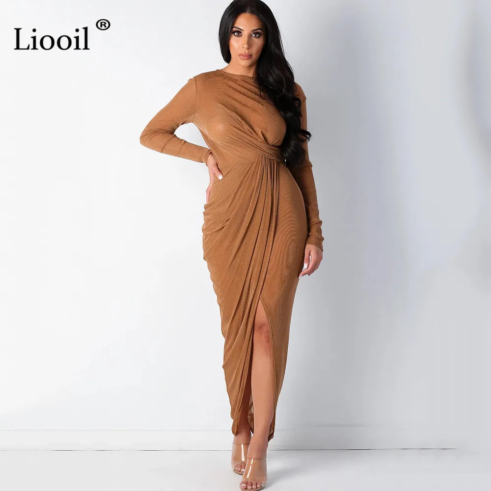 Хаки Liooil, прозрачное, Сетчатое, сексуальное, с рюшами, яркое, шелковое, облегающее, макси платье, женская одежда для клуба, с длинным рукавом, с открытой спиной, с разрезом, вечерние, для ночного клуба - Цвет: Хаки