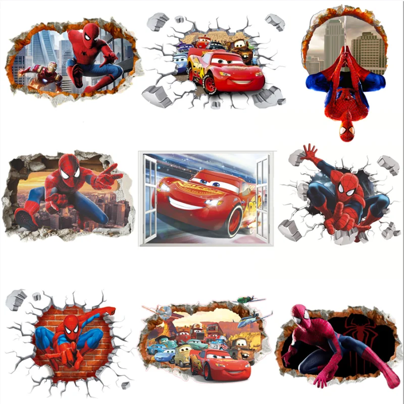 90x60cm Big Spiderman Cars Wall Stickers For Kids Room Decor Bedroom Child Spider-man 3d Wallpaper Vinyl Poster Home Decoration | Дом и сад