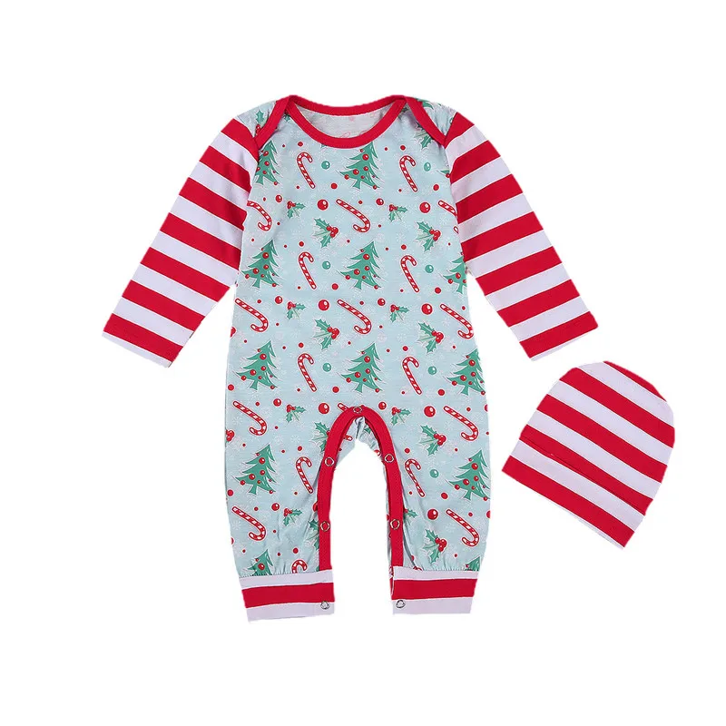

Newborn Baby Jumpsuits Sets Long Sleeve Cartoon Printed Long Romper Overall Pant Beanies Hat Christmas One-Pieces Suits