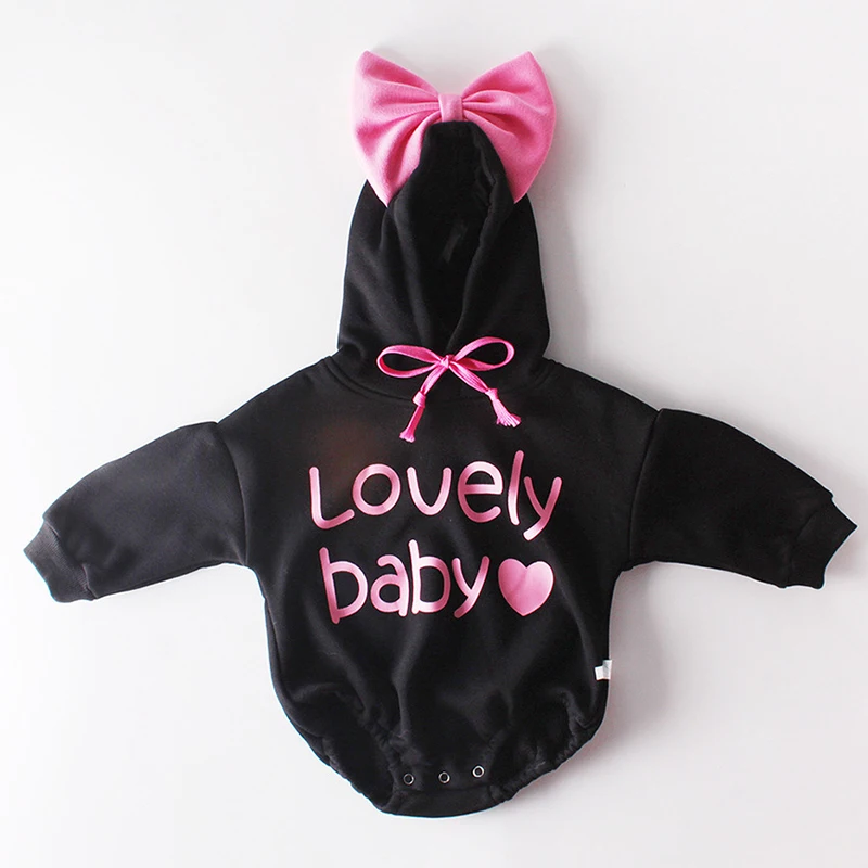 New Baby Clothing Winter Thickening Cute Baby Girls Boys Bodysuits Hood Infant Girls Bodysuit Big Bow Style Baby Bodysuit